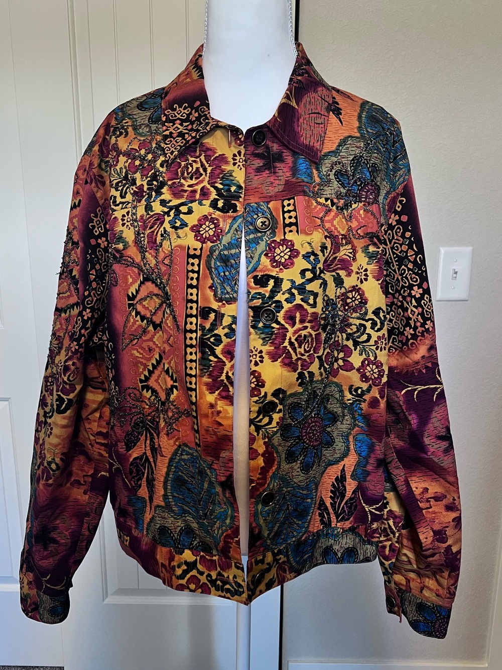 Vintage Boho Art to Wear Button up Intricate Beading Vibrant Colorful Jacket